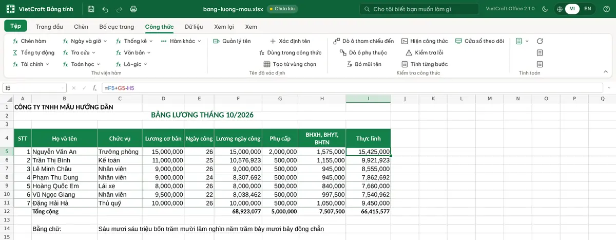 Bảng lương mẫu: lương theo ngày công, bảo hiểm 10,5% và thực lĩnh.